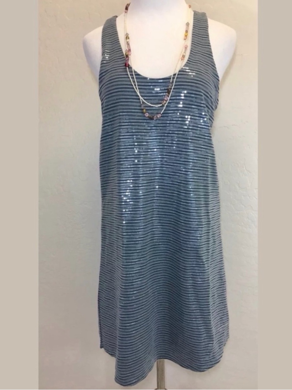 Stripes for 2026 gray blue and baby blue Striped Sequin Tank Dress